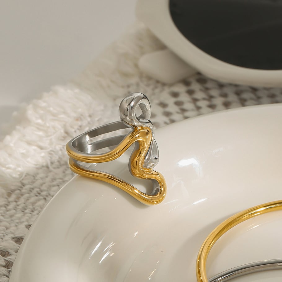Anillos individuales de acero inoxidable irregulares de alta gama, color dorado, para mujer, serie simple, 1 pieza Imagen8