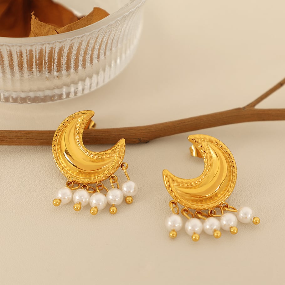 1 Pair Classic Series Retro Sun/Moon Stainless Steel 18K Gold Plated Artificial Pearl Women Stud Earrings Picture5