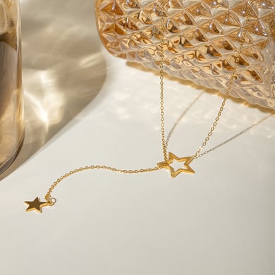 grenzüberschreitender europäischer und amerikanischer -stil, leichte luxus-nische, 18 karat gold, edelstahl, großer und kleiner fünfzackiger sternanhänger, y-förmige kette, halskettenschmuck h5 Bild4