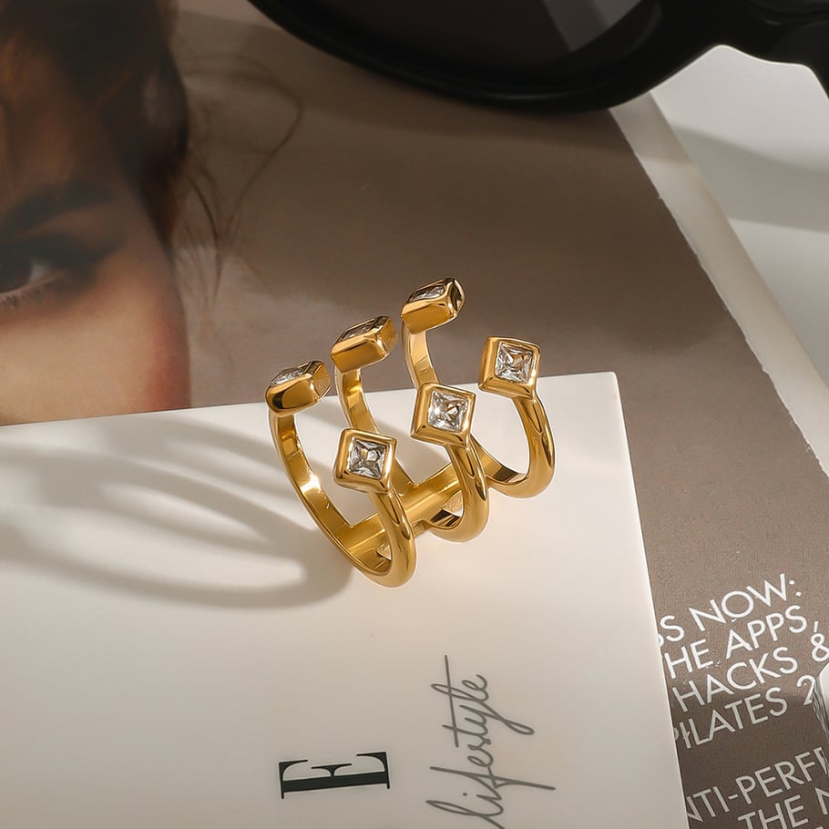 Anillos individuales de acero inoxidable cuadrilátero retro de lujo para mujer, color dorado, 1 pieza Imagen9