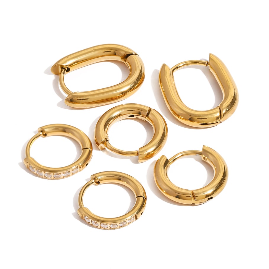 Conjunto de 1 par de pendientes elegantes de acero inoxidable anular con baño de oro de 18 quilates y diamantes de imitación para mujer Imagen7