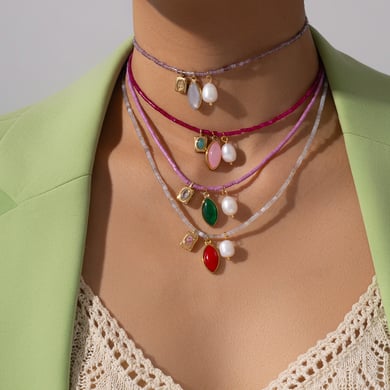 1 Piece Gorgeous Series Sweet Leaf Shape Colorful Natural Stone Stainless Steel Women's Beaded Necklaces h5 Picture5
