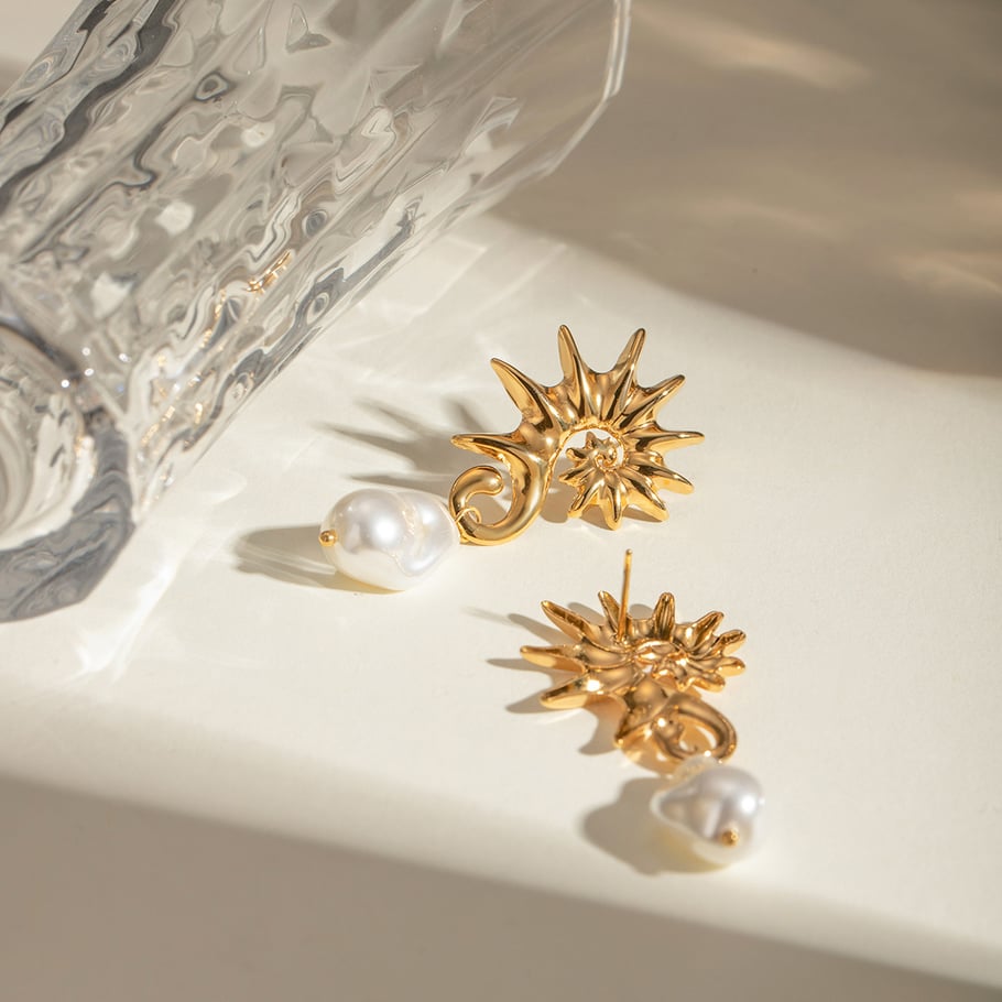 European and American cross-border INS style 18k gold stainless steel seahorse thread-shaped hanging special-shaped pearl earrings earrings jewelry wholesale Picture4