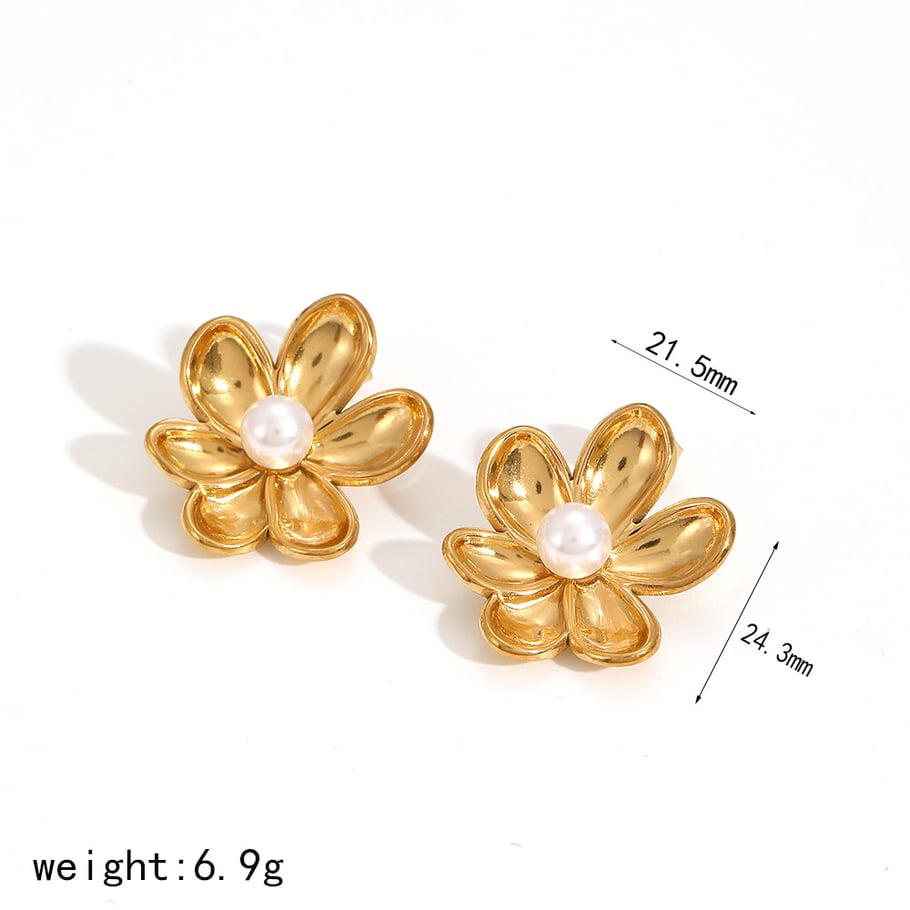 1 Pair Elegant Nateral Style Flower Stainless Steel Oil Drip Technique Gold Color Women's Stud Earrings Picture5