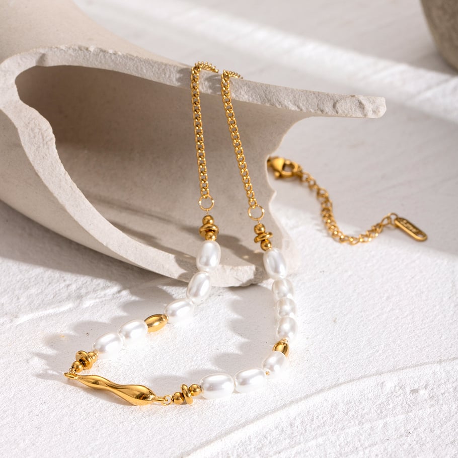 1 Stück Simple Series Elegante Perlen Edelstahl 18 Karat vergoldet Kunstperlen Damen Perlenketten Bild4