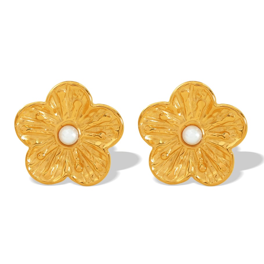 1 Pair Romantic Series Retro Flower Stainless Steel 18K Gold Plated Artificial Pearl Women Stud Earrings Picture5