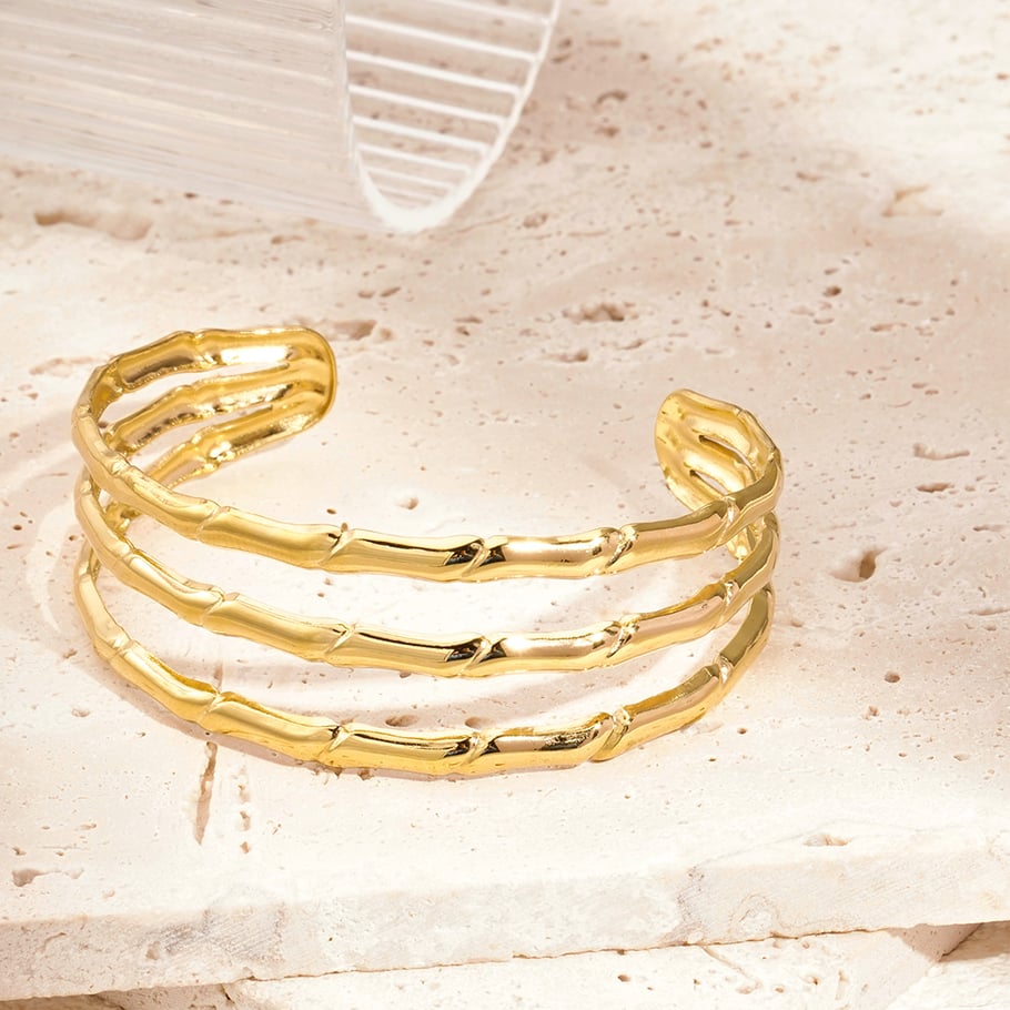 1 Piece Dazzling Series Classic Strip Three-Layers Stainless Steel Gold Color Women's Bangles Picture8