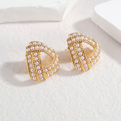 1 paire de boucles d&#39;oreilles créoles rétro géométriques en acier inoxydable plaqué or 18 carats avec perles artificielles pour femmes, série romantique h5 Image2
