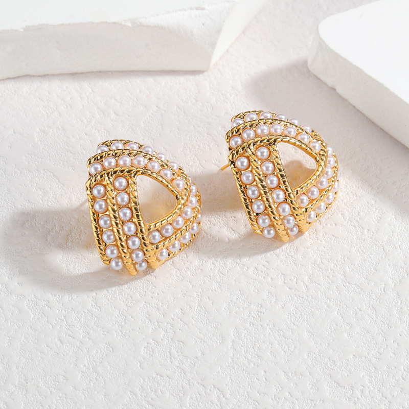 1 paire de boucles d&#39;oreilles créoles rétro géométriques en acier inoxydable plaqué or 18 carats avec perles artificielles pour femmes, série romantique Image2