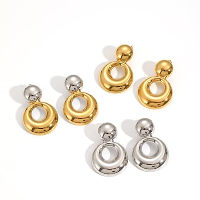 1 Pair Simple Series All-match Double Round Stainless Steel Gold Color Women's Stud Earrings h5 Picture5