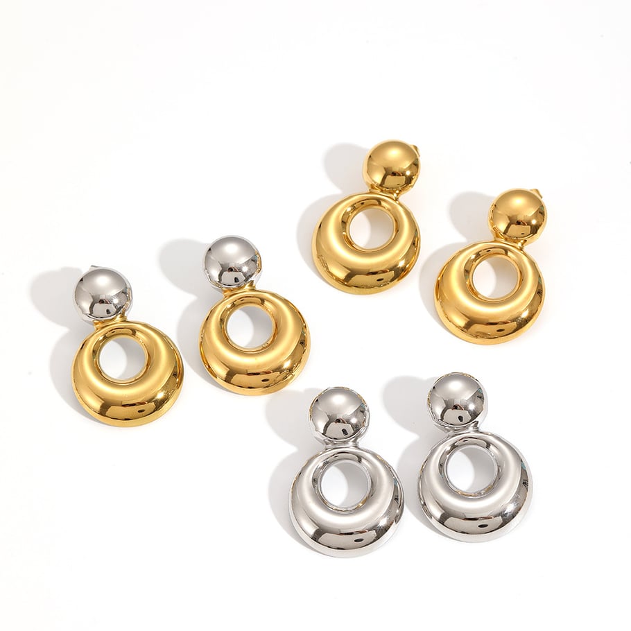 1 Pair Simple Series All-match Double Round Stainless Steel Gold Color Women's Stud Earrings Picture5