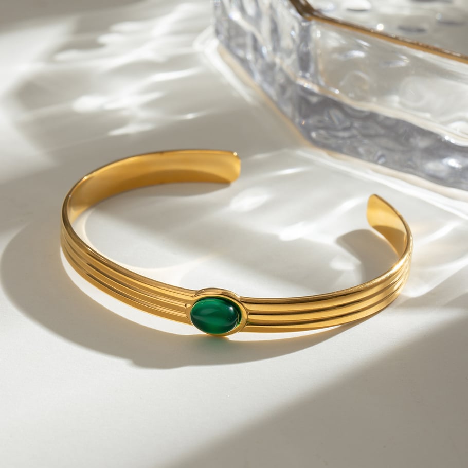 1 Piece Stylish Series Retro Geometric Stainless Steel Gold Color Natural Stone Women's Bangles Picture3