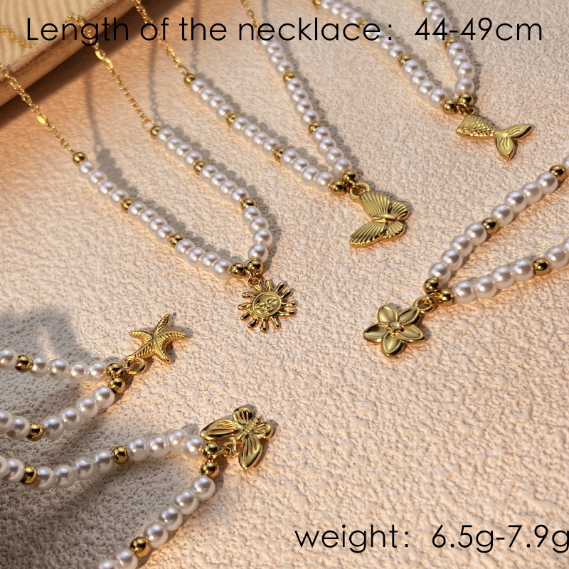 1 Piece Vacation Series Retro Marine Element Shape Stainless Steel Gold Color Women's Beaded Necklaces h5Picture5