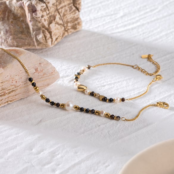 1 Piece Simple Series Elegant Beads Stainless Steel 18K Gold Plated Natural Stone Women Charm Bracelets 2