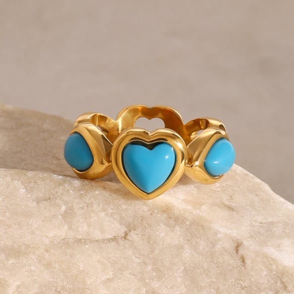 1 paire de bagues simples pour femme en acier inoxydable plaqué or 18 carats avec pierre naturelle et cœur rétro de la série classique 2