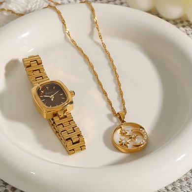Collar con colgante de acero inoxidable dorado para mujer, serie lujosa de Europa y América, con lunas. h5 Imagen8