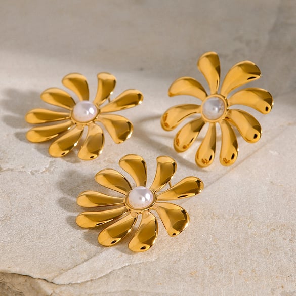 1 Pair Classic Series Retro Flower Stainless Steel 18K Gold Plated Artificial Pearl Women Earrings Set