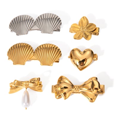 Horquilla de acero inoxidable con oro de 18 quilates transfronterizo para mujer, estilo de celebridad de Internet, ligera, de lujo, de alta gama, con lazo de concha, horquilla de acero de titanio h5 Imagen6