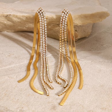 1 Pair Classic Series Elegant line Stainless Steel 18K Gold Plated Rhinestone Women Drop Earrings h5 Picture4