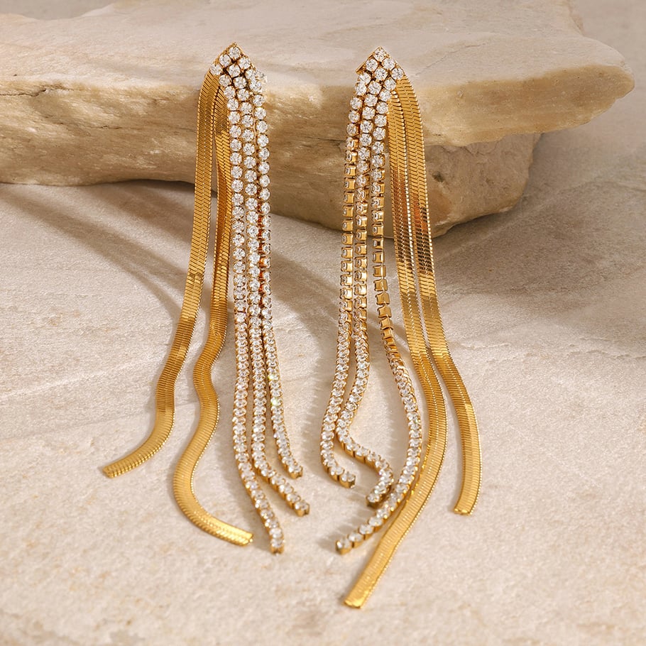 1 Pair Classic Series Elegant line Stainless Steel 18K Gold Plated Rhinestone Women Drop Earrings Picture4