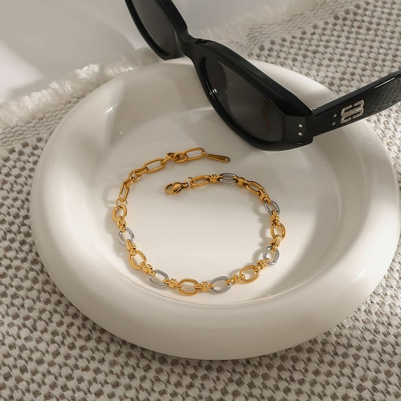 Pulseras de cadena de acero inoxidable para mujer, de estilo europeo y americano, de color dorado y redondo, de serie simple, 1 unidad.