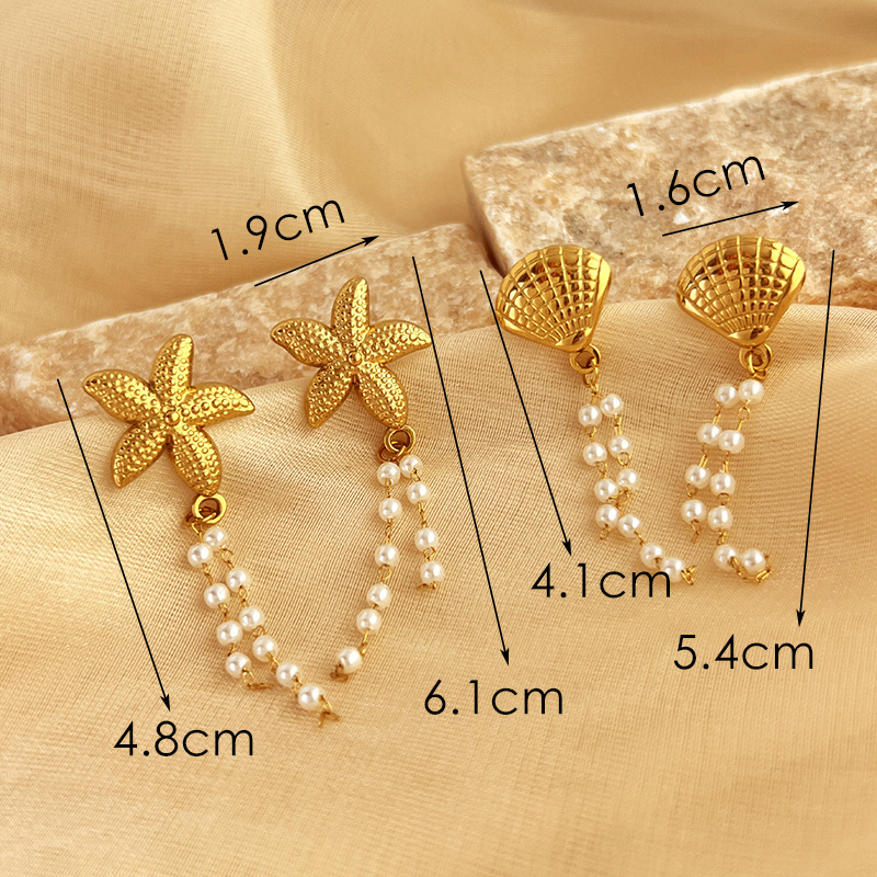 1 Pair Summer Style Daily Starfish Beads Tassels Stainless Steel Gold Color Women's Drop Earrings Picture5