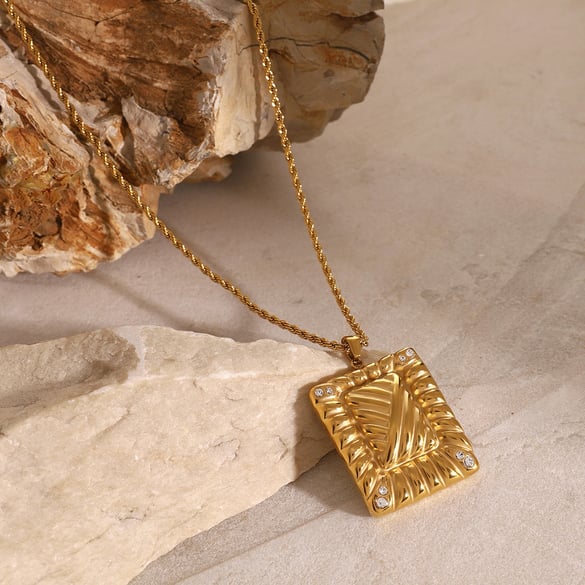 1 Pair 18k gold stainless steel rhinestone square necklace women's thread inlaid rhinestone pendant necklace unisex pendant necklace