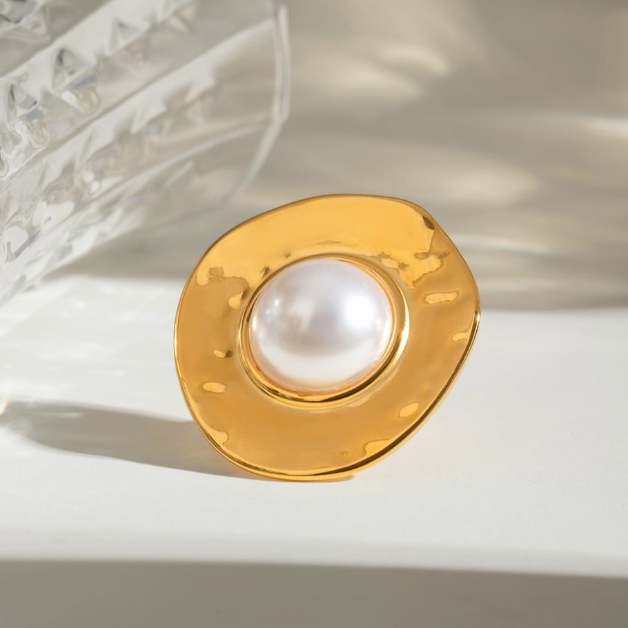 1 pair simple series retro geometric stainless steel gold plated artificial pearl women adjustable rings h5Picture3