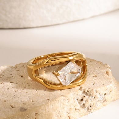 1 Paar Simple Series Klassischer geometrischer Edelstahl 18 Karat vergoldeter Zirkon Damen-Einzelring h5 Bild3
