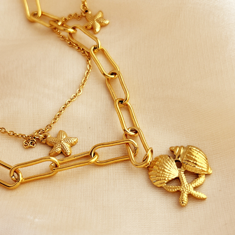 1 Piece Vacation Series Double-layer Exquisite Seashell Stainless Steel Gold Color Women's Layered Necklaces Picture4