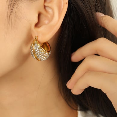 1 Pair Luxurious Series Classic Geometric Stainless Steel 18K Gold Plated Rhinestone Women Hoop Earrings h5 Picture5