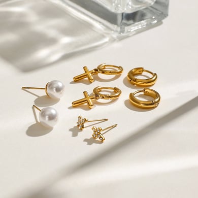1 Paar Simple Series Elegantes Kreuz Edelstahl 18 Karat vergoldet Strass Damen Ohrringe Set h5 Bild3