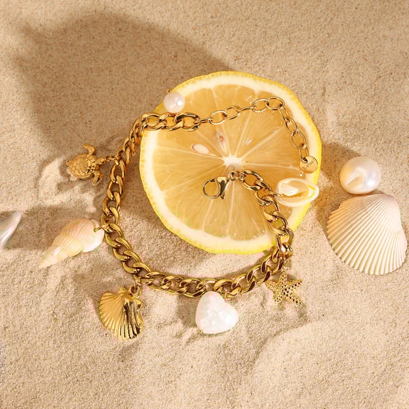 1 Piece Gold Color Stainless Steel Starfish & Turtle Charm Bracelet 2