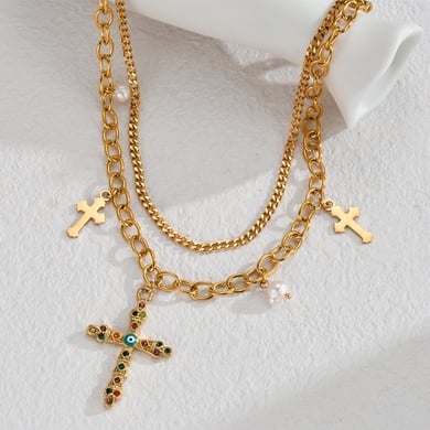 Bracelet à breloques pour femme, série luxueuse, croix quotidienne, en acier inoxydable plaqué or 18 carats, avec perles artificielles h5 Image4