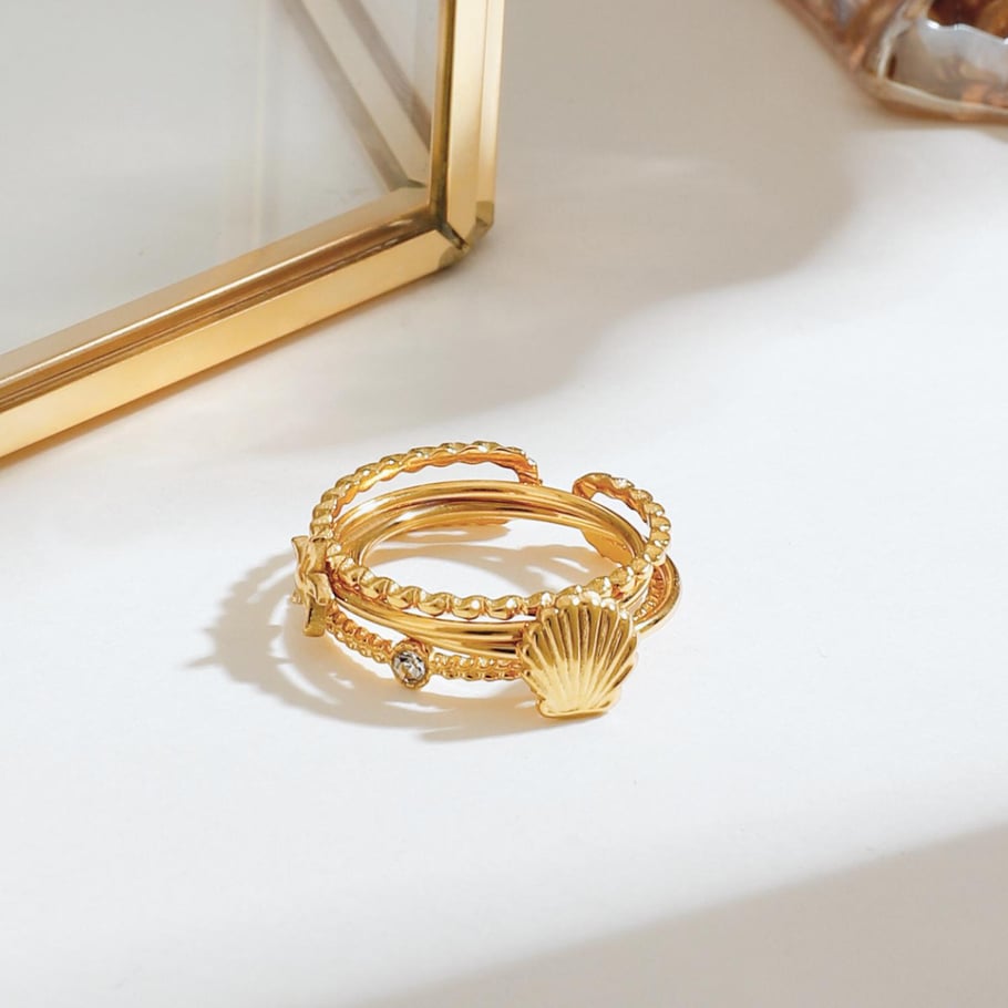 Conjunto de anillos de acero inoxidable color dorado para mujer, serie romántica, estilo tortuga, 1 pieza Imagen5