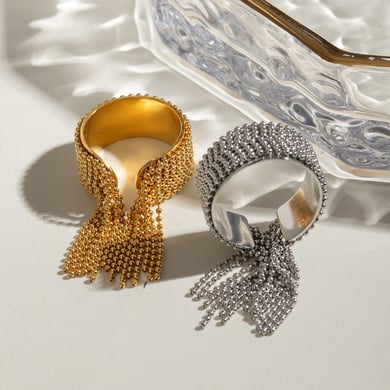 1 Pair Simple Series Retro Tassel Stainless Steel 18K Gold Plated Women Adjustable Rings h5 Picture3