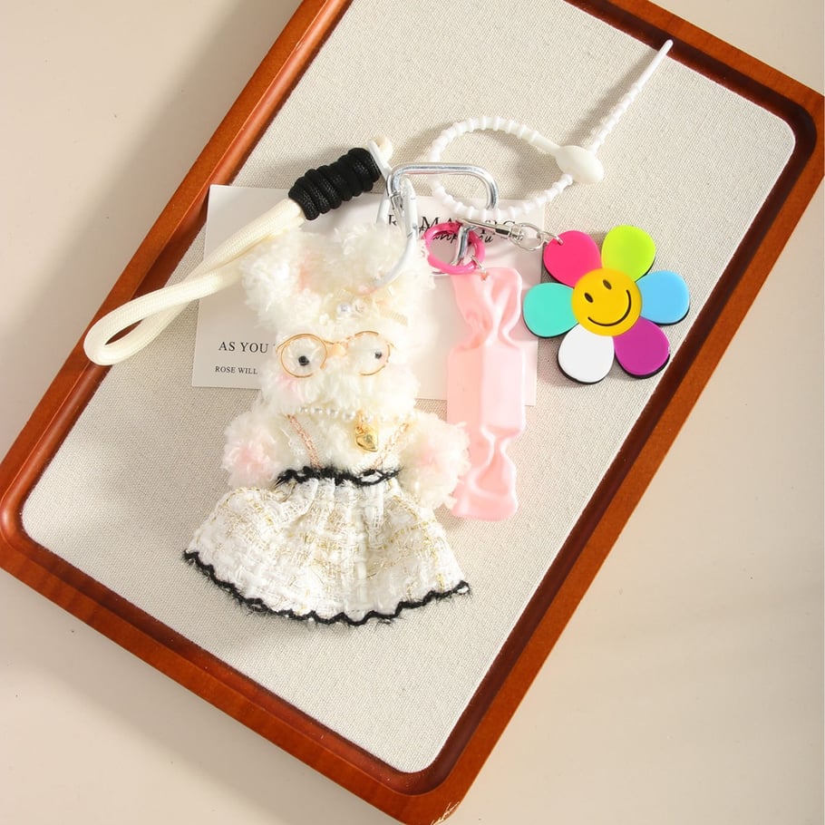 1 Piece Romantic Series Cute Plaid Dress Rabbit Fluffy Doll Rayon Women's Bag Charms Picture5