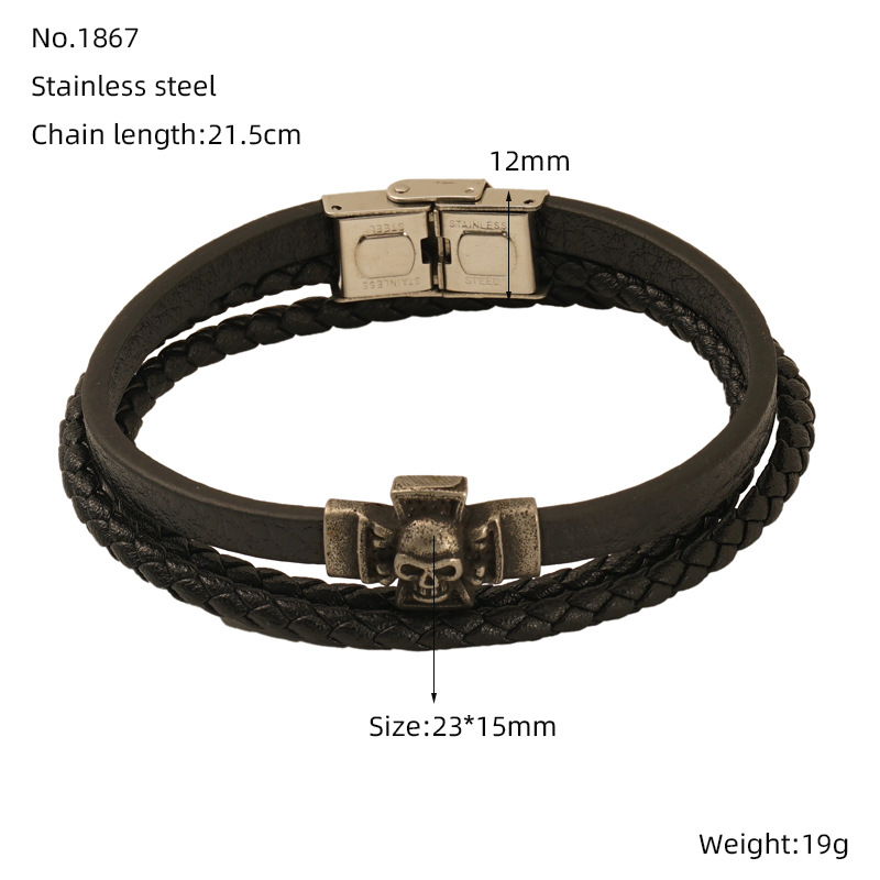 1 Pair Retro All-match Skull Leather Cord Braided Bracelet Men's Titanium Steel Magnetic Clasp Bracelet Accessories Men's Men's Bracelet Picture8