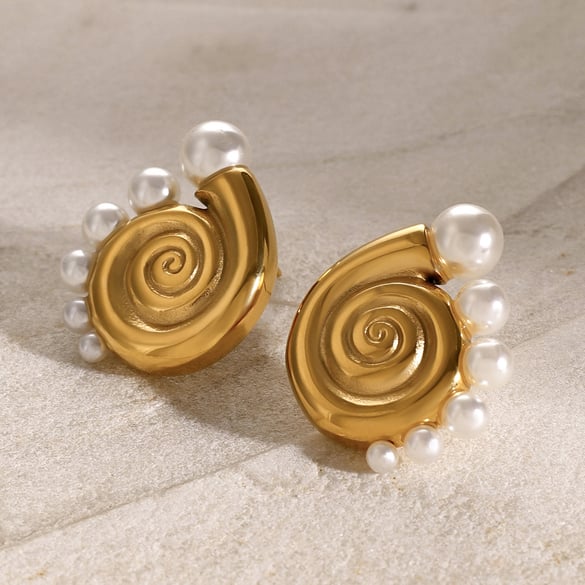 Internet celebrity style personality style 18k gold stainless steel conch half circle pearl earrings with left and right sides jewelry wholesale 2
