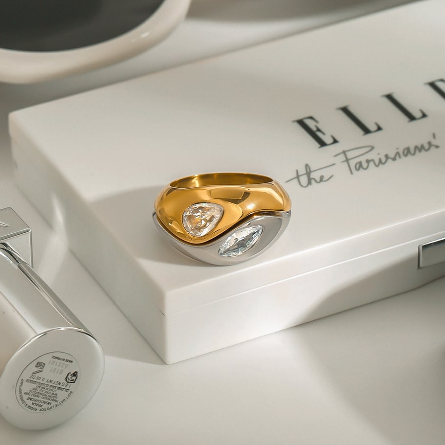 Conjunto de 1 anillo de lujo de acero inoxidable con diseño retro francés y gotas en color dorado para mujer. Imagen4