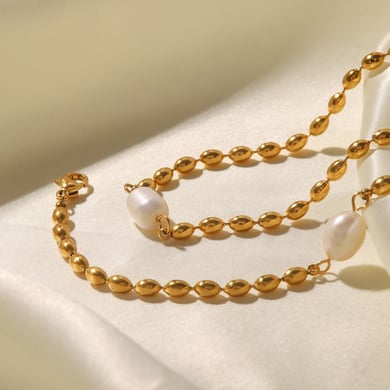 1 Stück einfache Perlenketten im Retro-Stil mit Süßwasserperlen und ovalen Samen, Edelstahl, 18 Karat vergoldet, für Damen h5 Bild3
