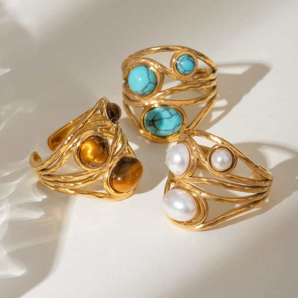 1 Pair Classic Retro Style Geometric Stainless Steel 18K Gold Plated Inlay Artificial Gemstone Women's Adjustable Rings