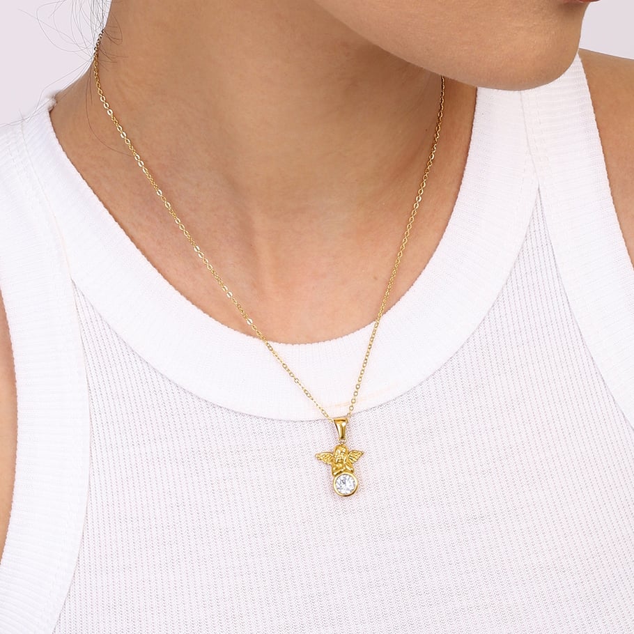 1 Piece Romantic Series Retro Angel Shape Stainless Steel Gold Color Women's Pendant Necklaces Picture5