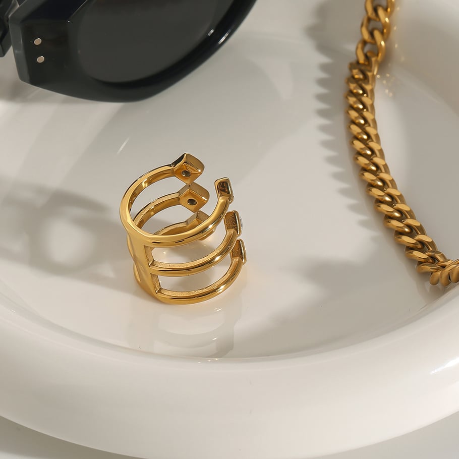 Anillos individuales de acero inoxidable cuadrilátero retro de lujo para mujer, color dorado, 1 pieza Imagen8