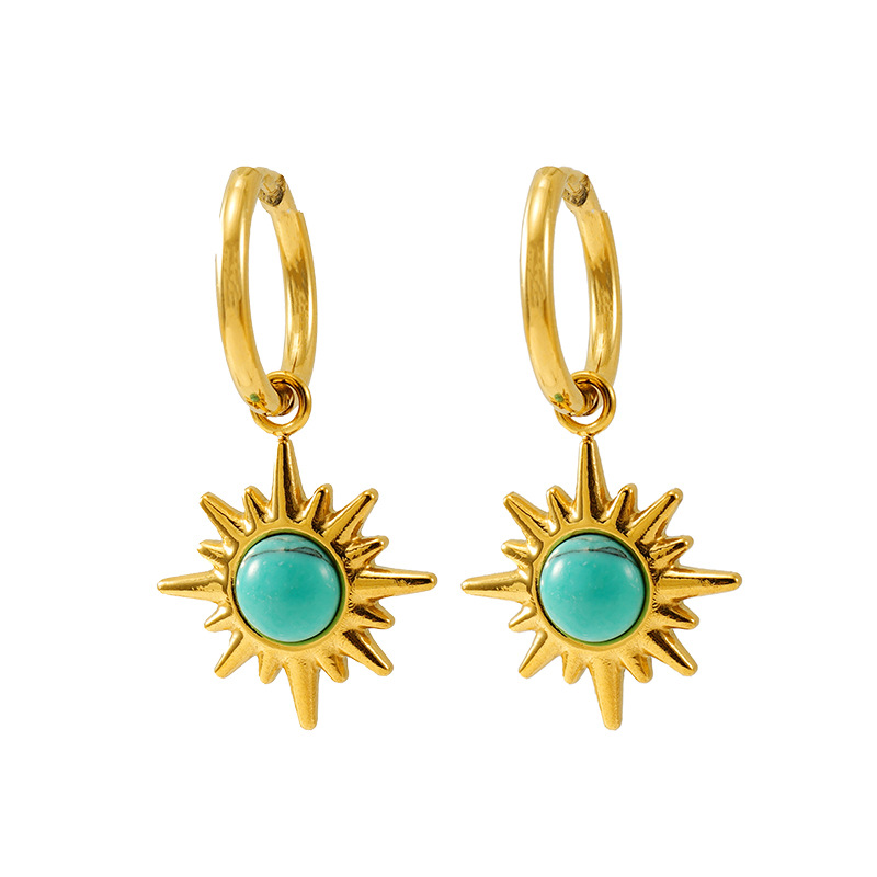 1 Pair Ins Retro Style Eight-pointed Star Shape Stainless Steel 18K Gold Plated Inlay Turquoise Women's Drop Earrings Picture6