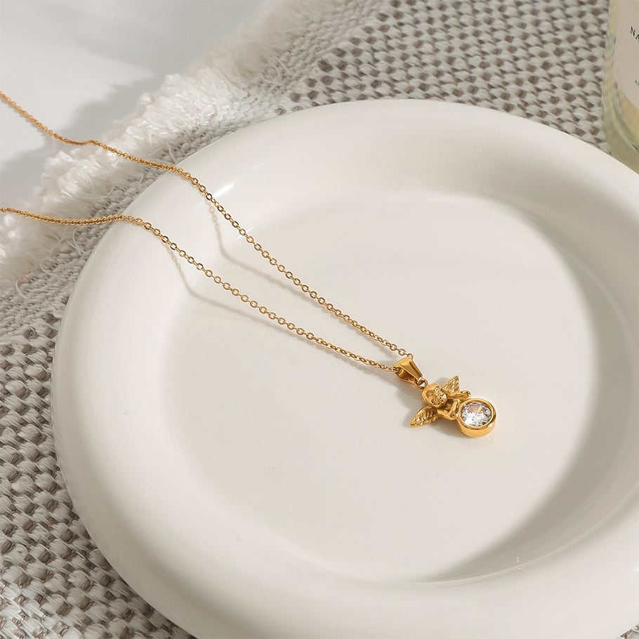 1 Piece Romantic Series Retro Angel Shape Stainless Steel Gold Color Women's Pendant Necklaces Picture4