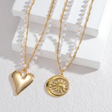 Collier bohème simple en acier inoxydable plaqué or 18 carats avec perles et pendentif soleil/lune pour femme, 1 pièce h5 Image2
