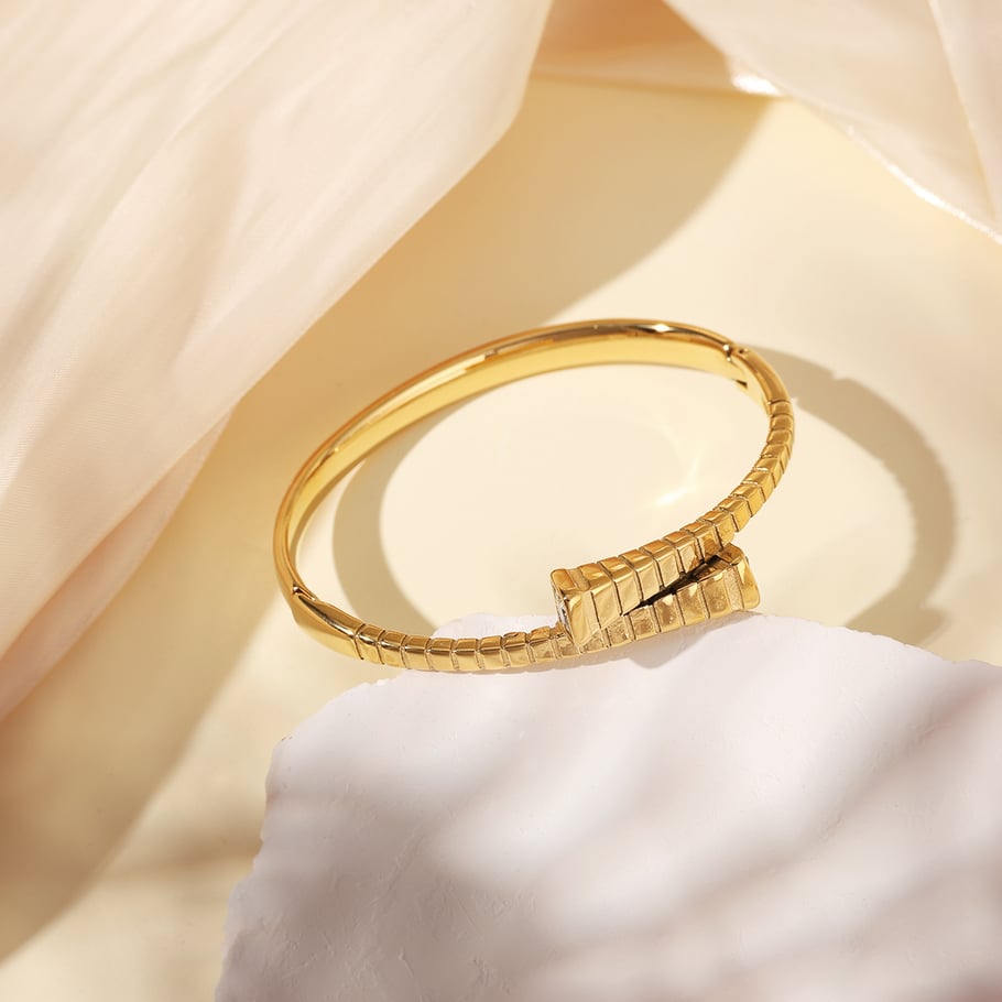 1 Piece Classic Series Chic Rectangular Twist Stainless Steel Gold Color Women's Bangles Picture4
