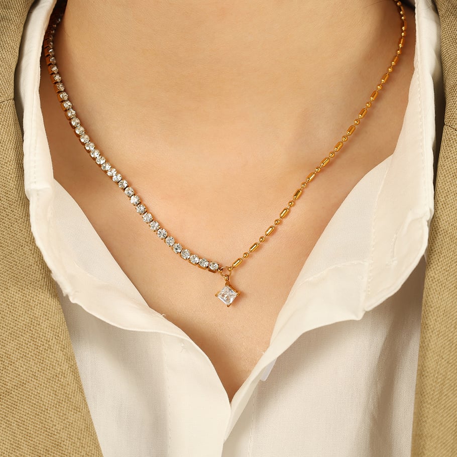 1 Piece Luxurious Series Simple Geometric Stainless Steel 18K Gold Plated Zircon Women Beaded Necklaces Picture4