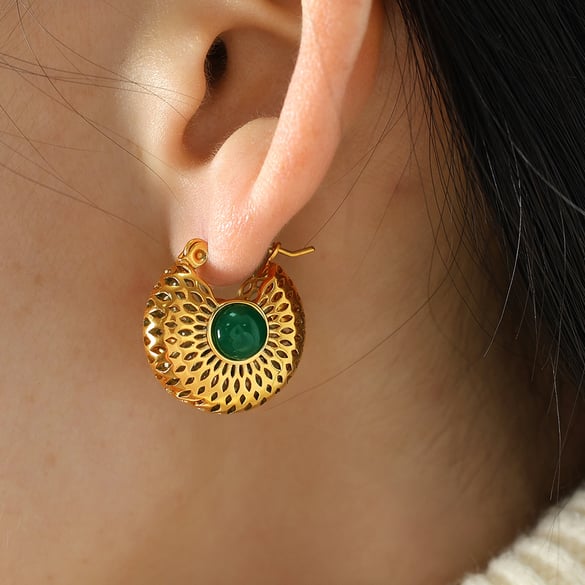 1 par de pendientes de aro para mujer, de acero inoxidable, chapados en oro de 18 quilates, con piedras preciosas artificiales, estilo retro geométrico, serie clásica 2